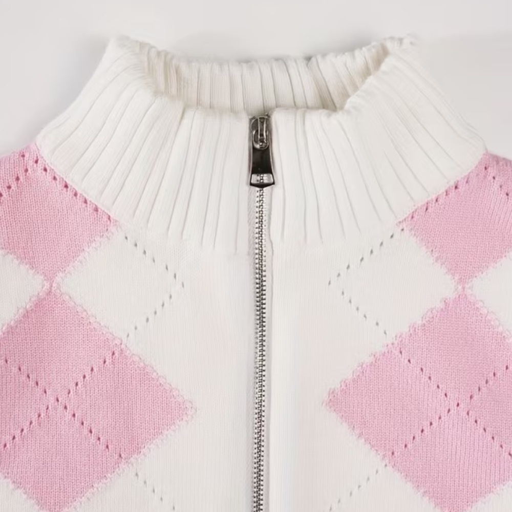White and Pastel Pink Argyle Zip-Up Sweater Long sleeve soft girl coquette - Picture 6 of 11